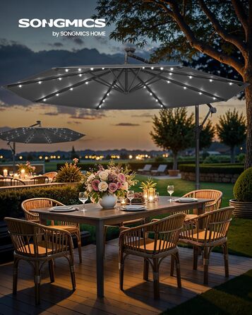 SONGMICS Patio Umbrella with LED Solar Lighting, Market Umbrella 300 cm Diameter, 32 LED Lights, with Stand, Sun Protection Balcony, Balcony Umbrella, UPF 50+, with Crank, for Terrace, Garden, Grey GPU118G01