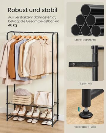 SONGMICS Clothes Rack, Open Wardrobe, Clothes Rail, Coat Rack with Shelves, Metal Clothes Rack, Freestanding, Matte Black LGR462B01 (73B cm)