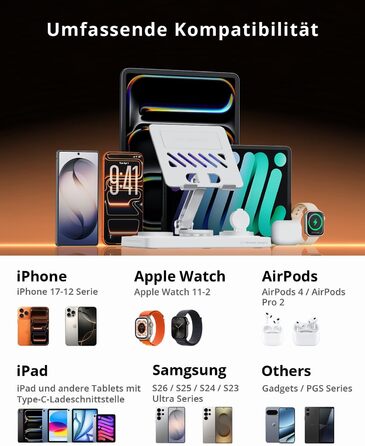 Зарядна станція Geekera 4-в-1 для Apple: кабель для iPad, магнітна бездротова зарядка iPhone Air/12-17, Apple Watch, AirPods (Металевий білий)