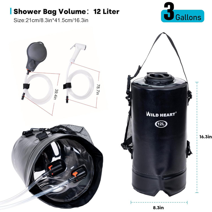 WILD HEAT Camping Shower 12L Portable Shower for Camping with Foot Pump and Shower Bag Backpack for Camping (12L, Black)