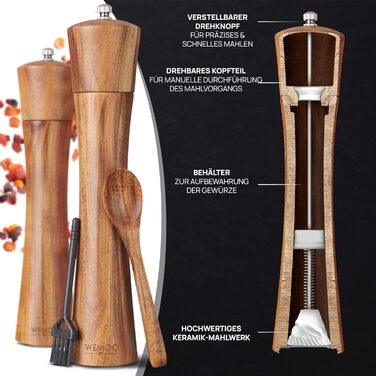 Wooden Salt and Pepper Grinder Set, Very Large (25.5 cm) | Spice Grinders with Durable Ceramic Grinder | Extra Filling Spoon and Cleaning Brush | Set with Pepper and Salt Mills