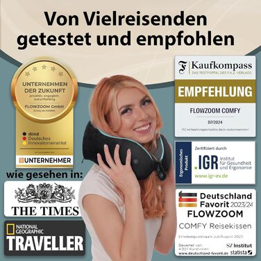 Подушка для шиї FLOWZOOM Dream Pro з додатковою бічною підтримкою та регульованим кріпленням на липучці - подушка для подорожей у літак з піною з пам'яті - з чохлом та подарунковою упаковкою - Чорний