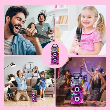 Караоке DYNASONIC з 2 мікрофонами, портативна караоке-машина, Bluetooth-колонки, USB та SD-картрідер, світлові ефекти, подарунок для дітей 5-13 років (025-12 Licht)
