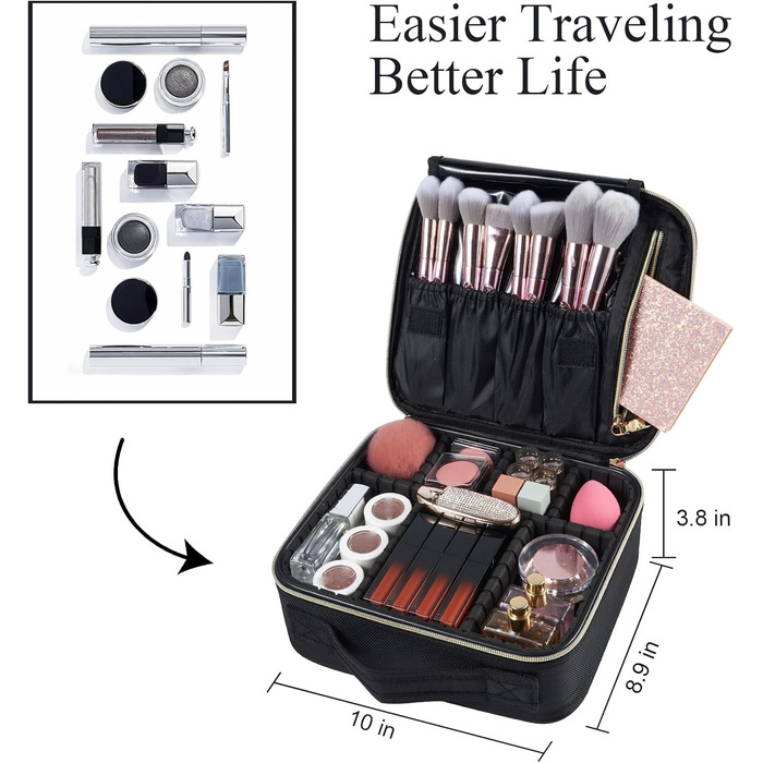 Косметичка для макіяжу та косметики, органайзер для подорожей, чорна. З ручкою та регульованими перегородками