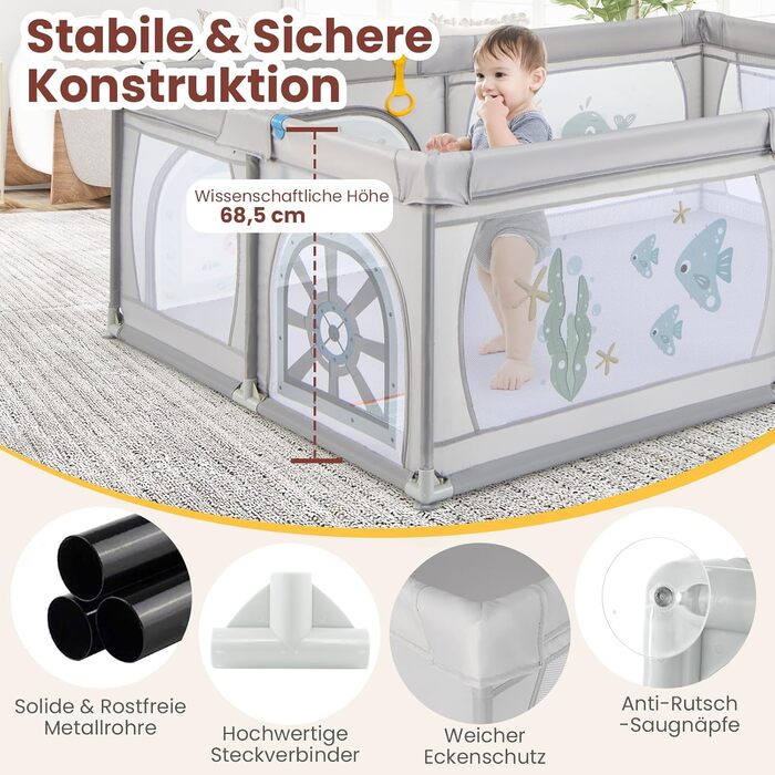 DREAMADE 200 x 140 cm Baby Playpen, Playard with 50 Balls & Carry Bag, Crawling Fence for Children for Indoor & Outdoor Use (Gray Underwater World, without mattress) Gray Underwater World without mattress