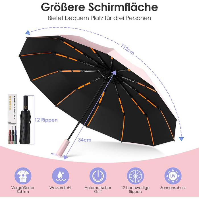 Вітростійкий та водонепроникний парасолька Schutz з автоматичним відкриванням, 12 спиць, компактний та стабільний, для жінок та чоловіків, рожевий