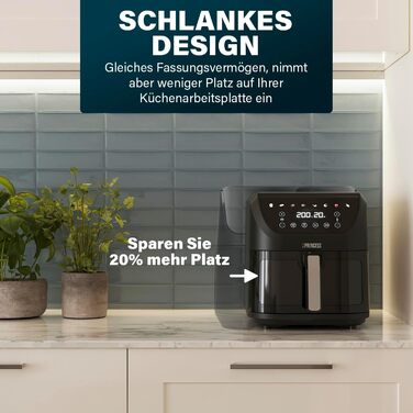 Princess SlimFry Hot Air Fryer 8 L, space-saving, fat-free cooking technology, 8 programs, viewing window, powerful (2000 W) and quiet operation (55 db), Black, Airfryer 01.182258.01.001 COMPACT, SLIM DESIGN 8L