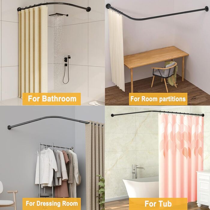 Регульована штанга для душу L-подібної форми без свердління, штанга для душу з нержавіючої сталі 304, розширювана кутова штанга для душу, без кріплення до стелі, (Розмір:Колір) (Д 70-95см x 105-165см, Чорний)