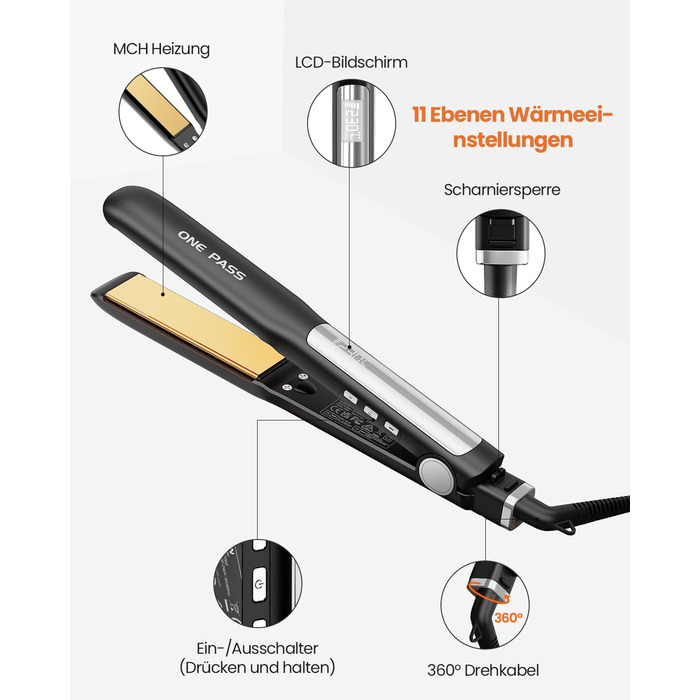 Випрямляч для волосся з титановими пластинами, іонізація, швидкий нагрів 20s, LCD-дисплей, універсальна напруга, 2-в-1 (Noir)