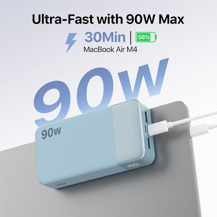 Потужний Power Bank NOBIS 20000mAh 90W з підтримкою швидкої зарядки, 4 порти USB-C/USB-A для ноутбуків Dell, Lenovo, Steam Deck, Samsung Galaxy та смартфонів (Синій)
