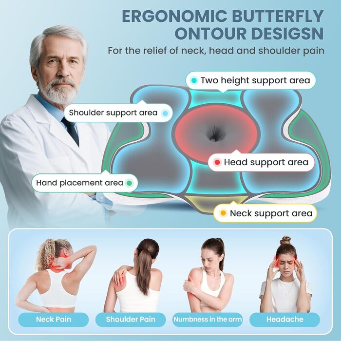 Подушка з піною з пам'яті A-Pce для всіх сплячих положень, ергономічна ортопедична подушка для зняття болю в шиї та плечах, подушка з знімним чохлом, сірого кольору, середньої жорсткості