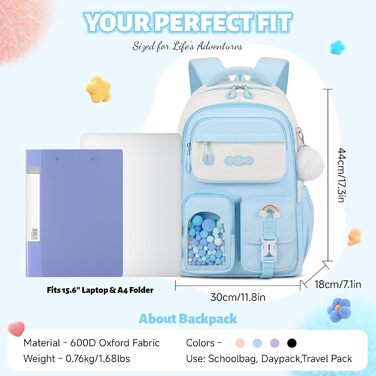 Шкільний рюкзак для дівчаток-підлітків з помпоном, тролейова петля та світловідбивачі. Великий рюкзак для школи та подорожей (блакитний).