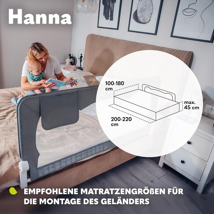 Захисний бортик для ліжка Lionelo Hanna 150x66 см, складаний на 180°, сітчастий, легкий монтаж, блокування, SecureBelt, міцна конструкція, сірий
