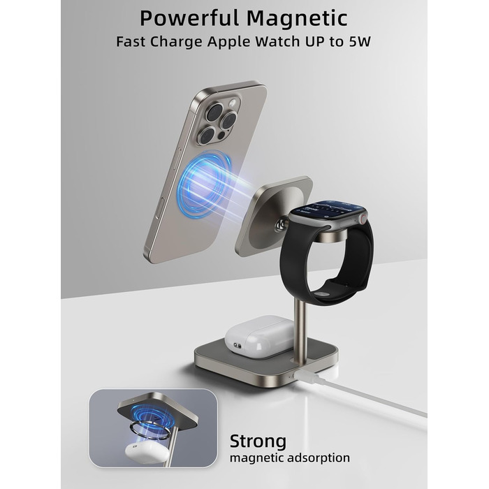 LULULOOK Qi2 Magsafe Зарядна станція 3 в 1 з алюмінію для Apple Watch та iPhone: 15W швидка зарядка для iPhone 17 Pro Max/Pro/Air/17, 5W для Apple Watch Ultra, AirPods. Титан.