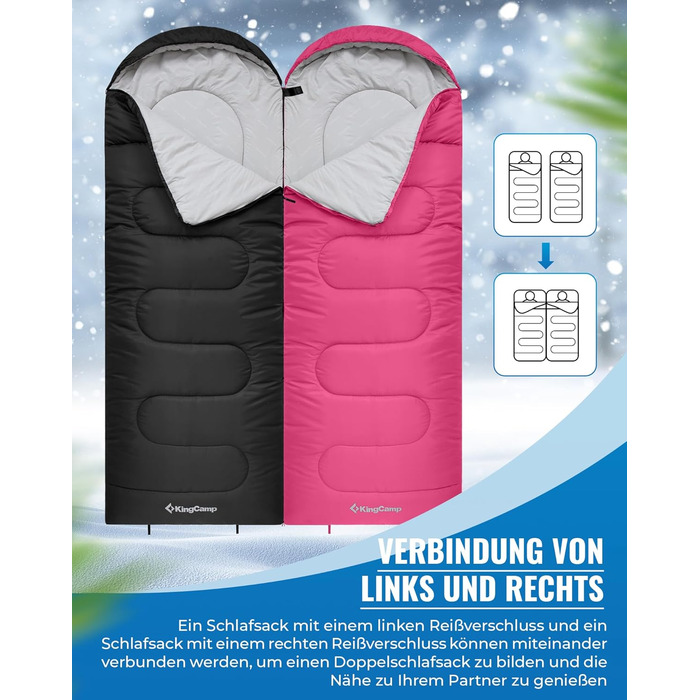 Сплячий мішок KingCamp Oasis для кемпінгу, 3-4 сезони, водовідштовхувальний, легкий, для дітей та дорослих, рожевий, Zip 220×75 см