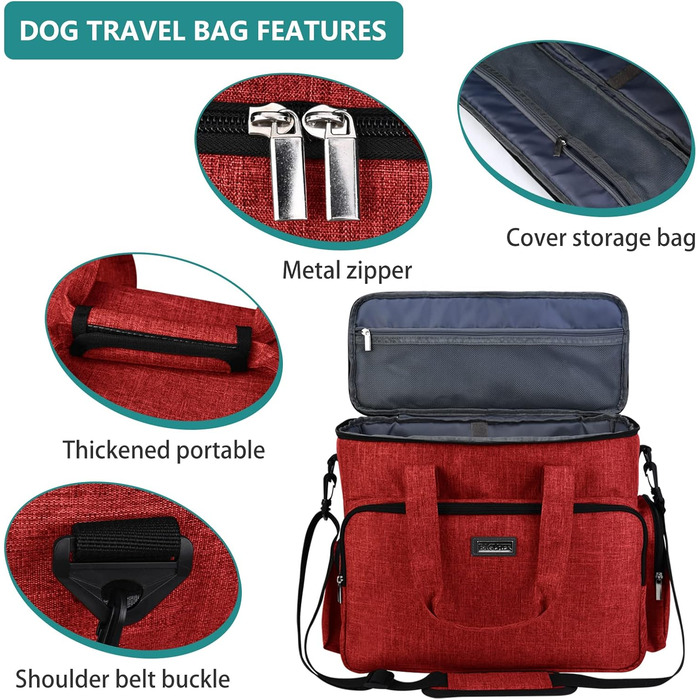 Сумка для собак Baglher, переноска для тварин (усі аксесуари для подорожей з тваринами), з 2 контейнерами для корму та 2 складаними мисками з силікону; незамінний набір для подорожей з домашніми тваринами, червона (L)