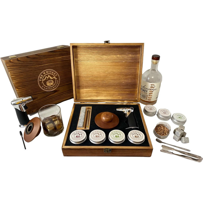 Набір для копчення віскі – Cocktail Smoking Set з підставкою для копчення, пропановою пальником, щипцями, дубовими та волоськими трісками – Преміум дерев'яна коробка – 11.88x9.96x2.9x2.75x2x2.75 см