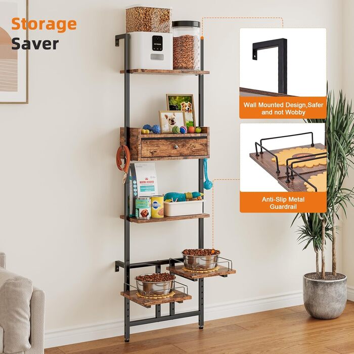 Підвищена годівниця для собак з місцем для зберігання та двома антиковзними килимками, для великих собак, регульована висота, настінний монтаж, колір вінтажний коричневий