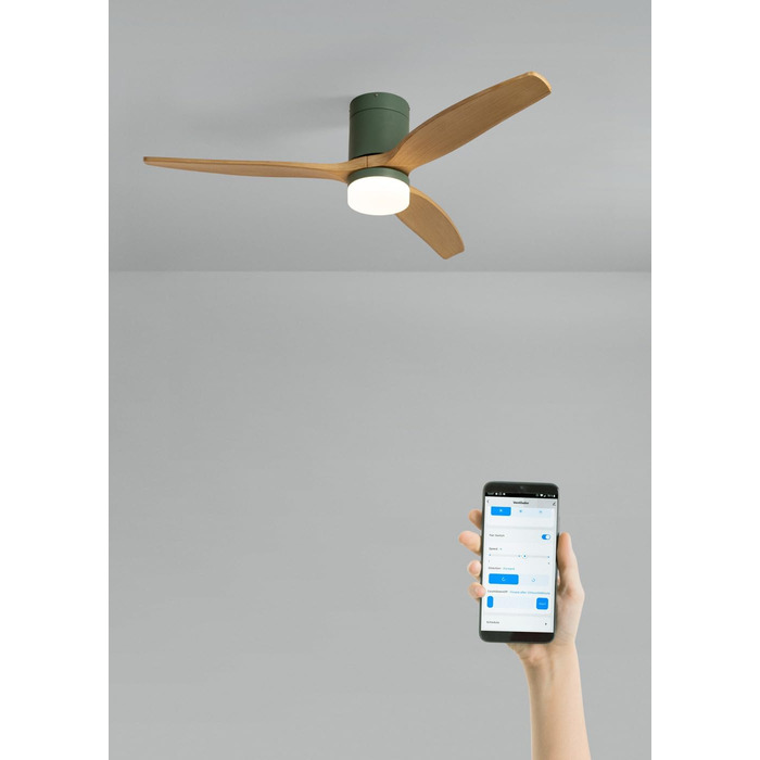 Вентилятор стельовий WINDCALM M з підсвіткою, Wi-Fi та пультом ДУ, 132 см, 40W, світлодіодне освітлення (3 температури), шалфейно-зелений, дерев'яні лопаті