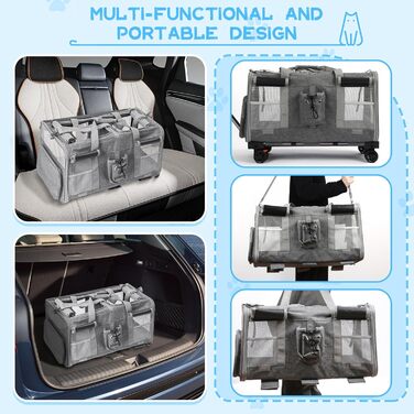 Велика переноска для тварин з двома відділеннями та колесами для кота/собаки, знімна та складана переноска для 2 котів до 20 кг, вентильована переноска-рюкзак для котів для подорожей/походів/кемпінгу