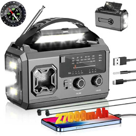 Радіо Kurbelradio на сонячній батареї 27000mAh з Bluetooth, FM/AM, SOS-сигналом, ліхтариком та компасом для кемпінгу та надзвичайних ситуацій, армійсько-зелений колір