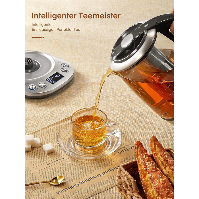Kettle with Temperature Setting - FOHERE 2200W Glass Kettle - 6 Presets - 2 Hour Keep Warm Function - 1.7L Tea Maker - LCD Screen - Stainless Steel Base