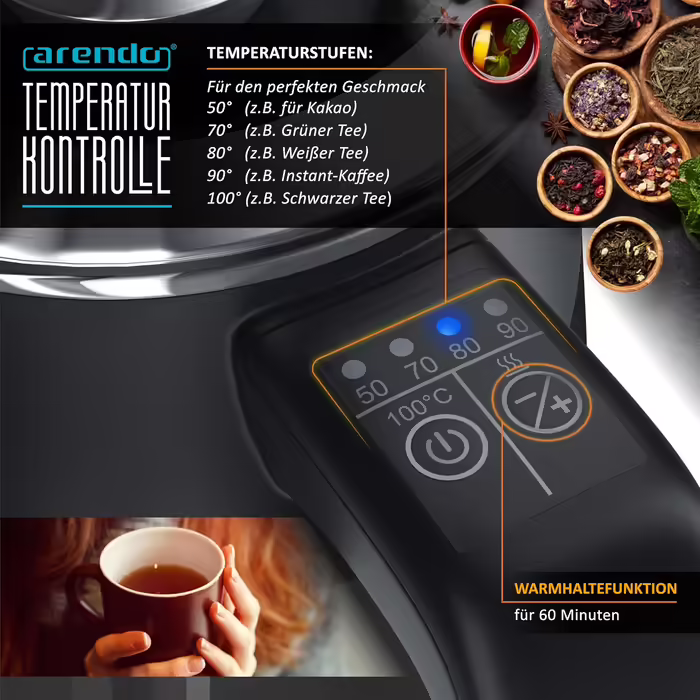Arendo 0.5L Stainless Steel Kettle with Temperature Setting in Double-Walled Design - 0.5L Water Capacity - 5 Adjustable Temperature Levels - Single Teakettle - Keep-Warm Function - Energy-Saving