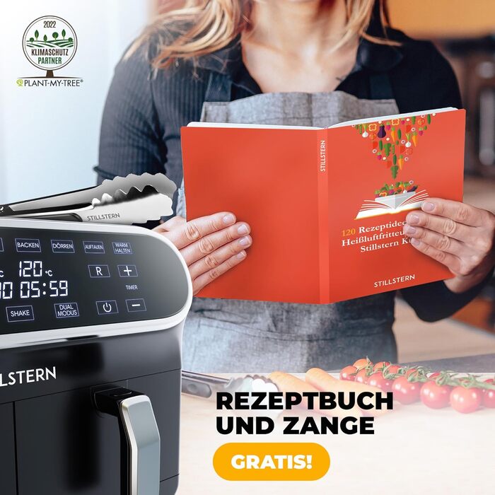 Аерофритюрниця Stillstern Dual Zone 8 л, 2400 Вт, 8 програм, технологія HeatingFlow, чорна, для 1-8 осіб, дегідратор, розморожування, підтримка тепла, Shake-функція, 120 рецептів німецькою