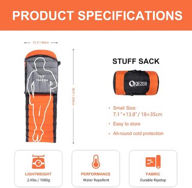 QEZER Ultralight Down Sleeping Bag - 8°C to -3°C for Camping, Hiking, and Trekking - 3 Season Sleeping Bag