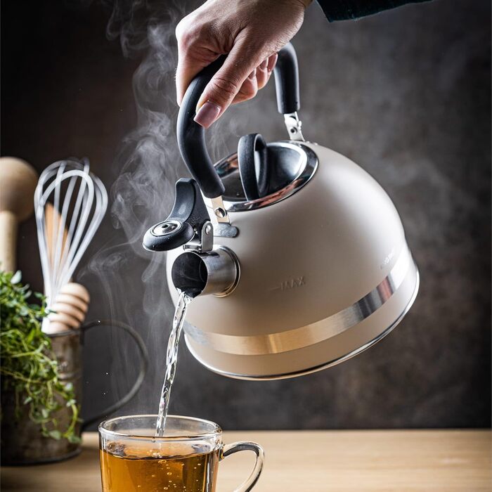 Чайник Kinghoff 1.8L з нержавіючої сталі з свистком, для індукційних плит, компактний, з відкидним ручками, чайник для плити, матовий (Бежевий)