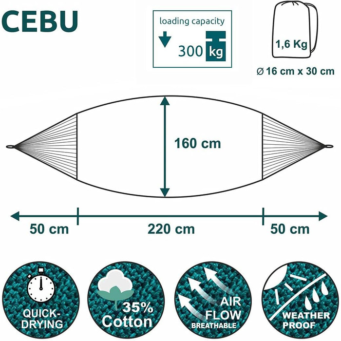 Гамак yourGEAR Cebu XXL 220x160 см, бавовна, зелений/блакитний, до 300 кг, для двох осіб, з сумкою