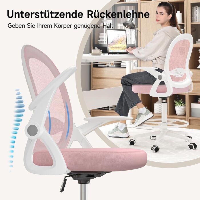 Ергономічне крісло Rattantree для офісу та дому: дихаюча спинка, регульована висота, підніжки, ротаційне крісло (Рожеве)