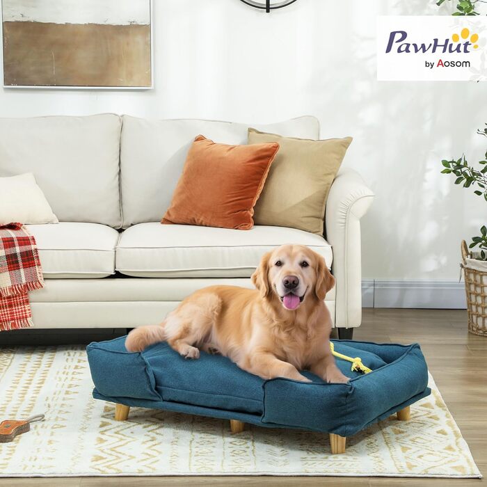 Диван для собак PawHut - зручне ліжко для домашніх тварин з підлокітниками, на дерев'яних ніжках, 96 x 66 x 24 см, темно-синій