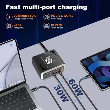 Зарядний пристрій USB 240W, 6 портів: 4xUSB + 2xUSB-A для MacBook Pro/Air, iPad, iPhone 15 Pro, Samsung (швидка зарядка)