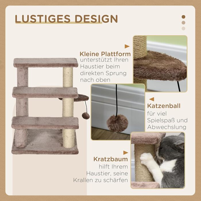 PawHut 3-Step Pet Staircase with Scratching Posts, Ball, Dog Staircase, Pet Staircase for Cats up to 5 kg, Plush Jute, White 45 x 40 x 48 cm (45L x 40W x 48H cm, Brown)