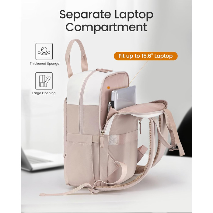 Рюкзак для ноутбука LOVEVOOK, 15.6 дюймів, жіночий, для школи/університету, подорожей, робочі будні. Водостійкий, елегантний, для дівчат-підлітків. Колір: бежево-рожевий