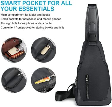 Чоловіча нагрудна сумка-слінг Brusttasche з USB-портом для зарядки, водонепроникна, чорна
