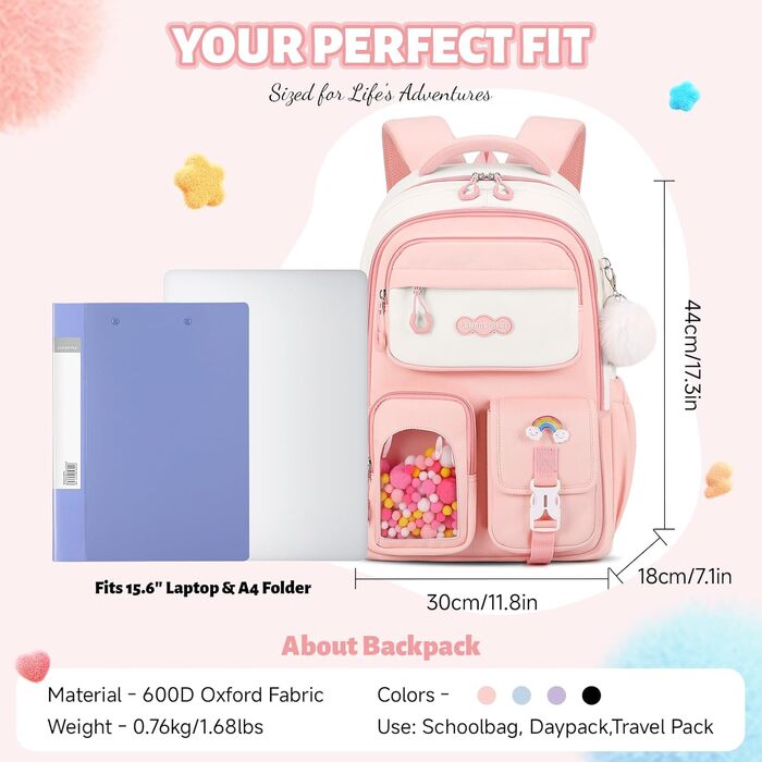 Шкільний рюкзак для дівчаток-підлітків, рожевий, з помпоном, тролей-петлею та світловідбивачами. Великий рюкзак для школи та подорожей, 3-7 клас, водонепроникний