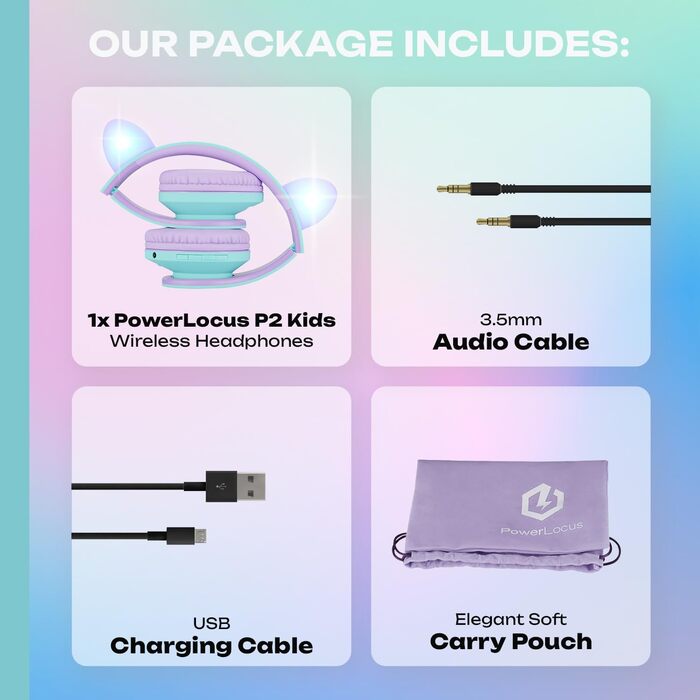Дитячі навушники PowerLocus Bluetooth з обмеженням гучності 85dB, складні, з чохлом, Over-Ear, бездротові та з кабелем, з мікрофоном, підтримка Micro-SD, для телефону, ПК, планшета, зелені (фіолетові/зелені з вушками)