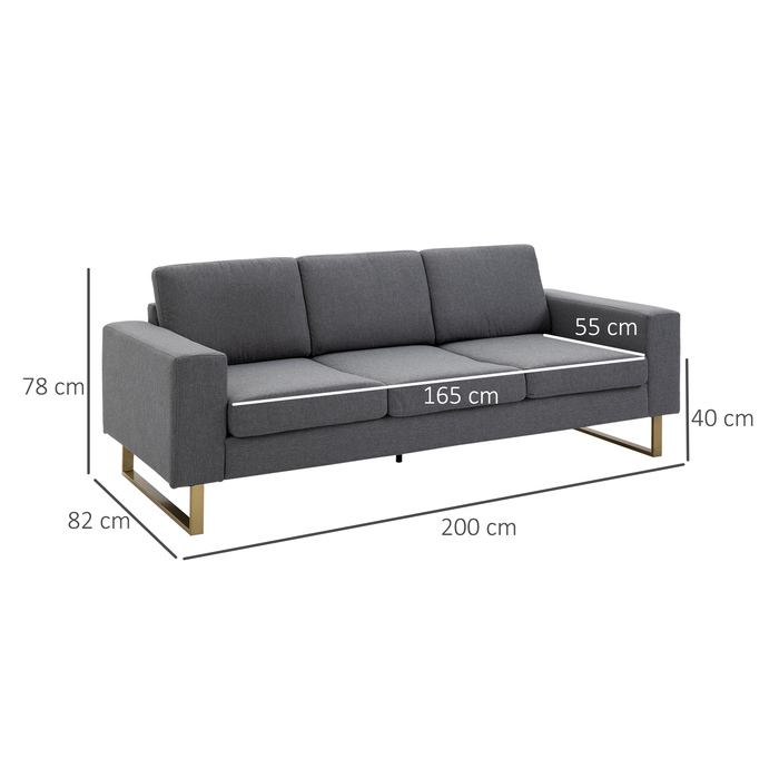 HOMCOM 3-Seater Upholstered Sofa, Fabric Sofa, Living Furniture, TV Chair, Cushions, Armrests, Linen, Dark Grey, 200 x 82 x 78 cm | Aosom