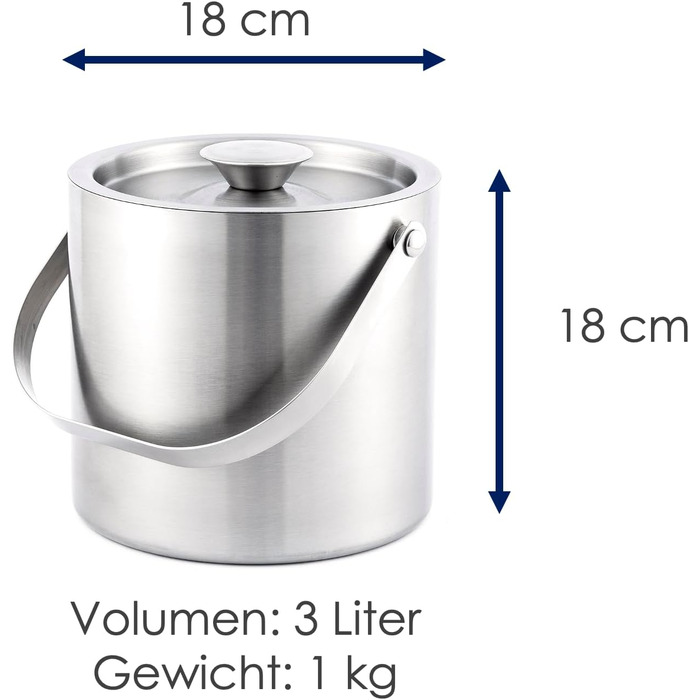 Hanseküche Large Ice Cube Container Ice Bucket 3L including Lid, Tongs, and Double Bottom - 304 Stainless Steel - Double-Walled Insulated - Very Long-Lasting Thermal Effect - Ideal for Keeping Drinks Cold for Extended Periods