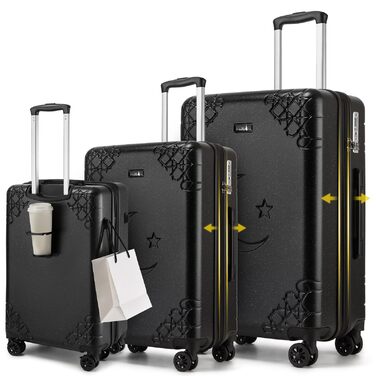 Набір валіз Sea Choice 3 шт. з жорстким корпусом, розширюваний, легкий, з 4 колесами, з тримачем для напоїв та TSA замком, чорний