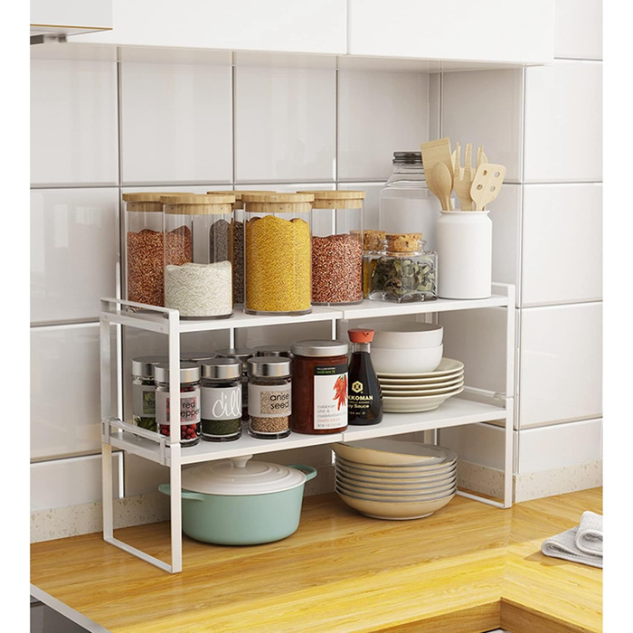 KZOBYD Expandable Kitchen Shelf, Foldable Kitchen Cabinet Shelf Spice Rack Organizer for Dishes and Supplies Stackable Kitchen Storage Organizer for Extra Storage Space (White, ) (White, L)