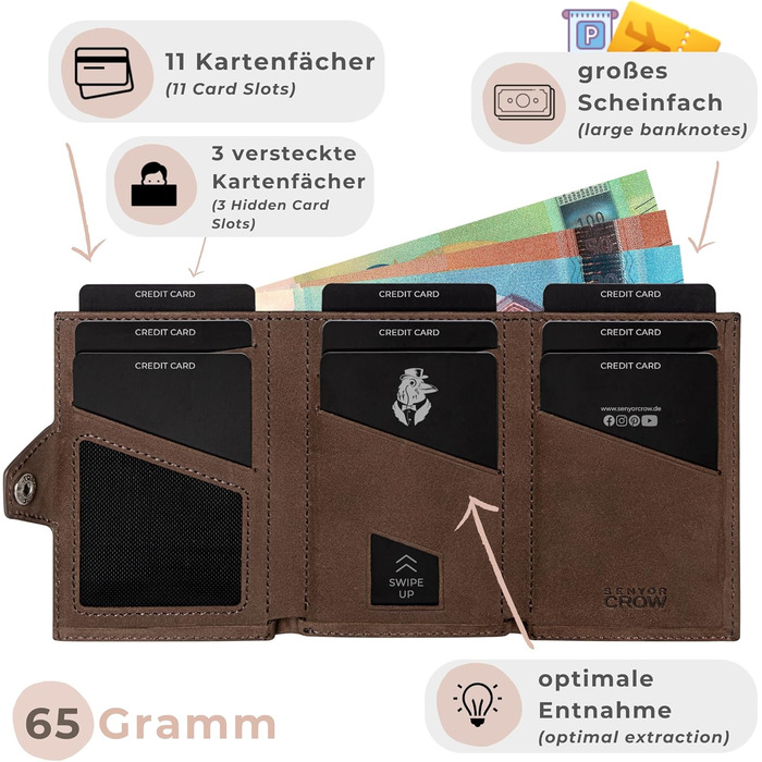 SENYOR CROW® Slim Wallet with Coin Pocket and RFID Protection | NewGen Wallet made of Genuine Leather | High-Quality Wallet | Card Holder for 11 Cards | Brown