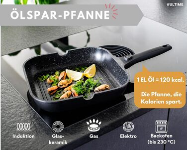 Сковорідка гриль 28 см з рифленою антипригарною поверхнею та знімною ручкою, для всіх типів плит (індукція) – для стейків та овочів гриль, з щипцями, без PFOA/PFOS, чорна