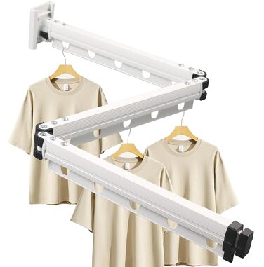 Висувна сушарка для одягу, 3-секційна, настінна штанга для одягу 126 см, економна, складана сушарка з гачками, для балкону, прання, ванної кімнати, білий, молочно-білий