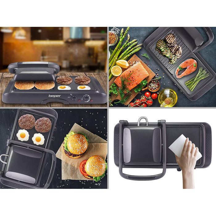 BEPER Electric Grill with Glass Lid - Non-Stick Coated Plate, Stainless Steel, 1600W