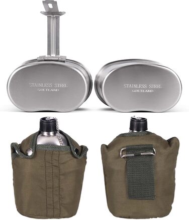 Goetland Stainless Steel US Military Field Bottle Set 1.2l with 0.6l Cup Nylon Bag Water Bottle Cooking Pot Camping Cup (1 Liter with 0.5 Liter)