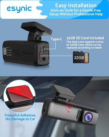 eSynic Міні відеореєстратор (Dashcam) Auto WiFi 1080P Full HD – 160° Широкий кут, Нічне бачення, G-сенсор, Паркувальний режим, Керування через App, WiFi, 32GB SD-карта в комплекті