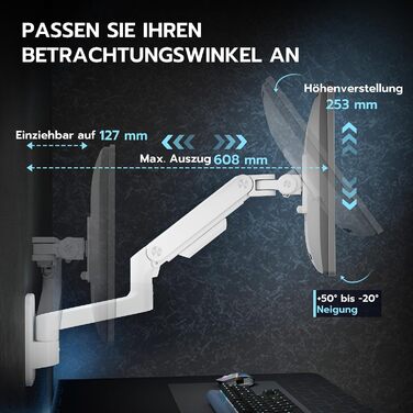 Настінний кронштейн для монітора ARES WING для Ultra Wide екранів 17-49 дюймів, газліфт, навантаження до 20 кг, VESA 75/100, білий